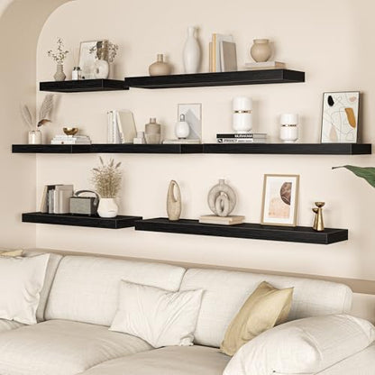 Black Floating Shelves for Wall, 16'' W x 12'' D Wall Mounted Rustic Wood Shelves for Bathroom, Bedroom, Living Room, Kitchen, Hanging Shelf for Storage/Room Decor with Heavy Duty Brackets, 2 Pack