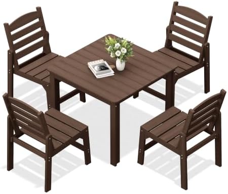 HDPE Outdoor Dining Set, Patio Square Table and 4 Stackable Chairs, Brown