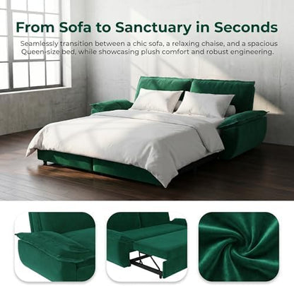 73.2" Sofa Bed Queen, 3-in-1 Pull Out Sofa Bed with Pillow Armrest, Modern Velvet Convertible Sleeper Futon Sofa for Living Room Small Space, Apartment, Bedroom, Green