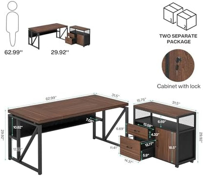 Tribesigns 63" Executive Desk with Drawer Cabinet Set , Dark Brown