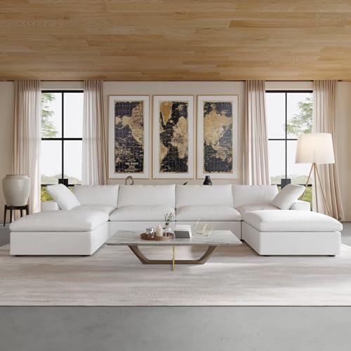 JACH U-Shaped Cloud Couches for Living Room, 6-Seats Modular Convertible Sectional Sofas, Cushion Covers Removable, Comfy Sectional Couch with Chaise Ottomans for Living Room Apartment (White)