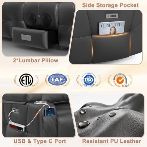 3 Seat Power Reclining Sofa, Theater Seating with Heat & Massage, Gray