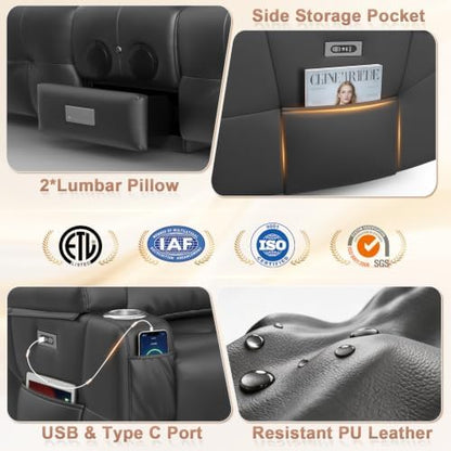 3 Seat Power Reclining Sofa, Theater Seating with Heat & Massage, Gray