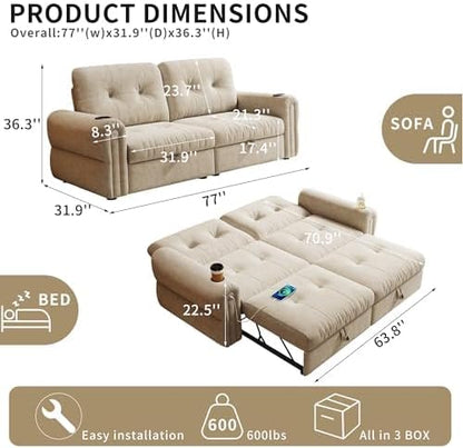 Convertible Couches, Queen Size Pull Out Sofa Bed with USB Charging Port and Cup Holders, Plannelette Fabric Convertible Sofa Bed for Small Space, Living Room, Apartment, Guest Room, Beige