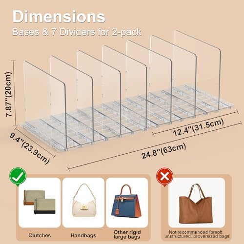 Bag & Purse Organizer for Closet: Adjustable Clear Handbag Storage Shelf - Plastic Clutch Dividers for Closet Organizers and Storage - Keep Carteras & Pocketbook Upright (Pack of 3)