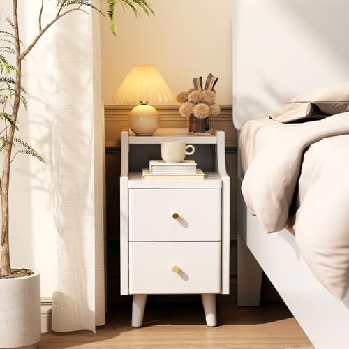 Narrow Nightstand with 2 Drawers,Solid Wood Bedside Table,White Nightstand