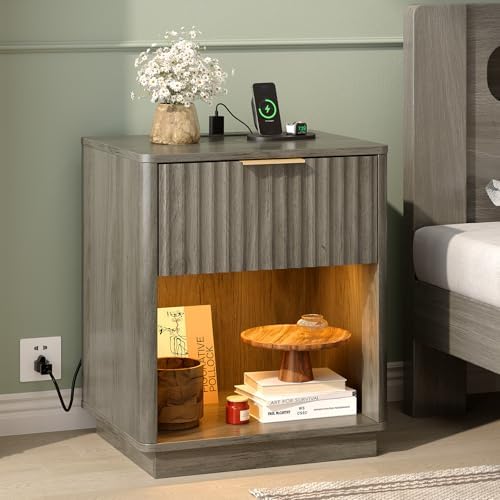 VINGLI Night Stand with Charging Station & Led Light, 19" W Fluted Nightstand Round Edge, Wood Nightstand Mid Century Modern End Table, Bed Side Table for Bedroom, Living Room, Gray Oak