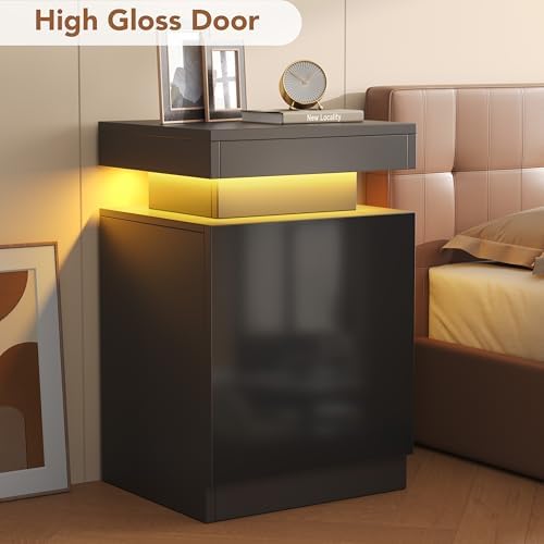 LED Nightstands Set of 2, 17 Inches Night Stand Set 2, Modern Bedside Table with LED Lights, High Gloss Surface, End Table with Storage for Bedroom, Black