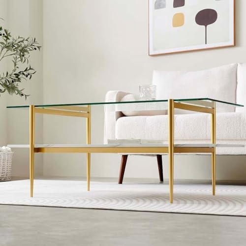 Rectangle Coffee Table for Living Room, Mid-Century Modern Design, L41 x W21 x H17, 2-Tier Structure, Clear Glass Top and White Marble Finish Wood Shelf, Conical Legs with Gold Finish