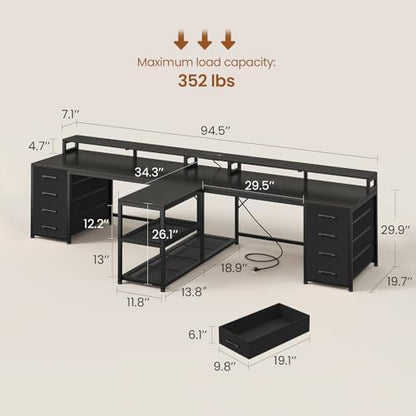 SEDETA 94.5" 2 Person Gaming Desk with 8 Drawers & Storage Shelves, Black