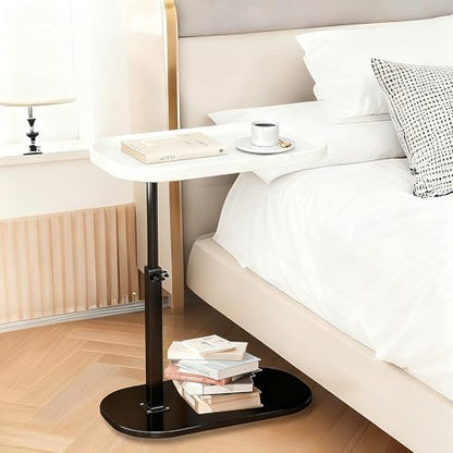 Adjustable Height C Shaped Side Table, Couch Tables that Slide Under, C Side Table Raised Edge, 360°Swivel C Shaped End Table, Small Coffee C Table, End Table for Sofa/Bed/Bathtub (Marble White)