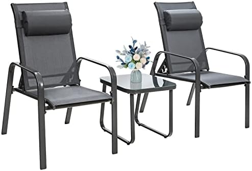 Tangkula 3 Piece Outdoor Bistro Set, Patio Stackable Chairs with Adjustable & Folding Backrest, Removable Headrest and Tempered Glass Coffee Table Set, Patio Conversation Set with Steel Frame (Grey)