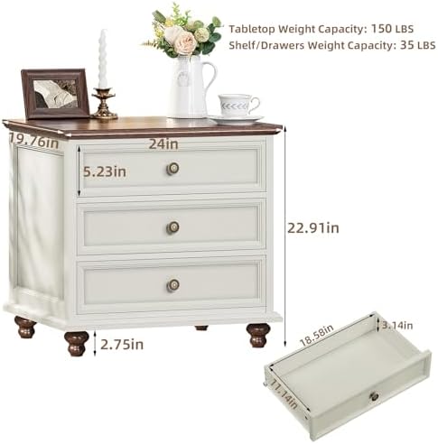 Joaxswe 24" Wide Farmhouse Night Stand,Large End Table with 3 Drawers & Metal Handle,Wood Dresser for Bedroom, White Bed Side Table Chest of Drawers Cabinet,Nightstand for Living Room,Closet