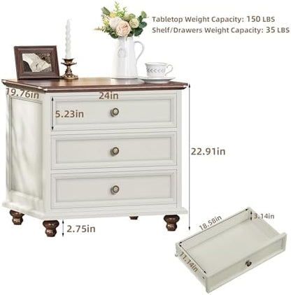 Joaxswe 24" Wide Farmhouse Night Stand,Large End Table with 3 Drawers & Metal Handle,Wood Dresser for Bedroom, White Bed Side Table Chest of Drawers Cabinet,Nightstand for Living Room,Closet