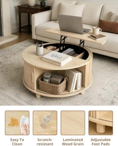 Round Lift Top Coffee Table with Storage for Living Room, Oak
