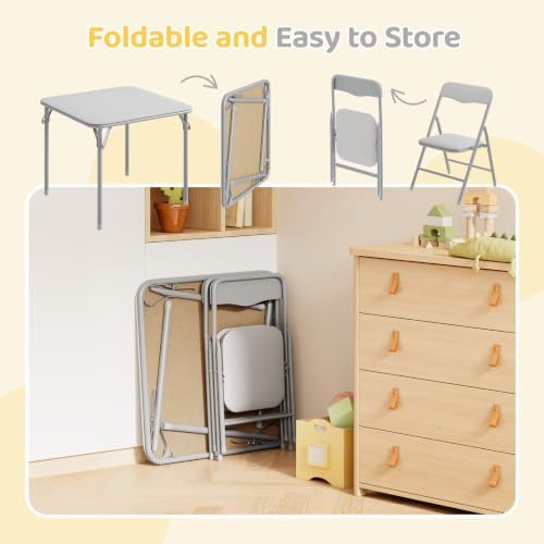 JOYMOR Kids Folding Table and Chairs Set, 3-Piece Metal Frame Activity Set with Easy-Fold Design for Playroom & Classroom, Gray