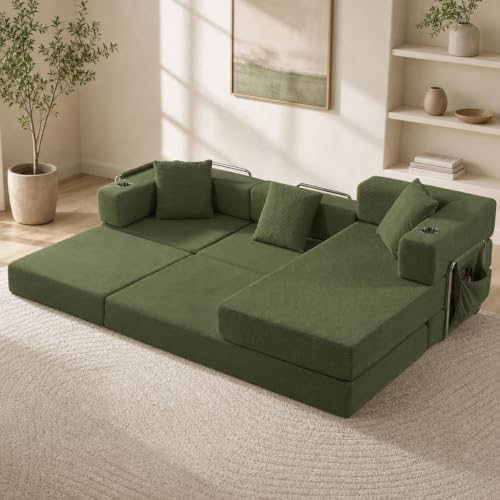 108" Modular Sectional Sofa Bed, L-Shaped Boneless Couch, Green