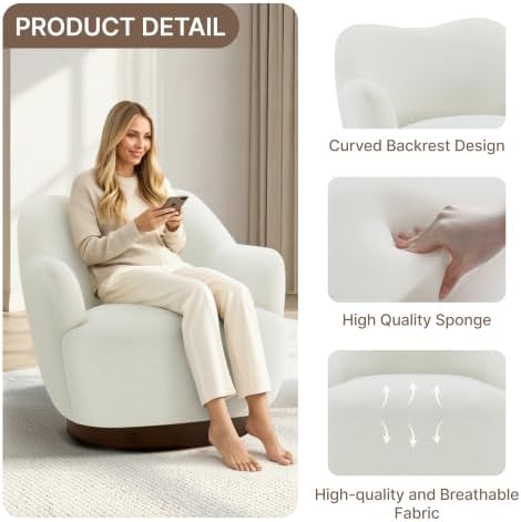Swivel Accent Chair with Curved Arms, Wooden Base, Cream White, Set of 2