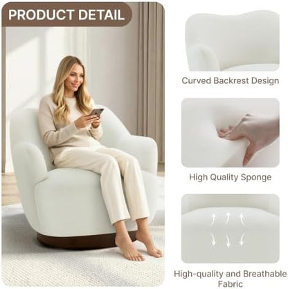 Swivel Accent Chair with Curved Arms, Wooden Base, Cream White, Set of 2