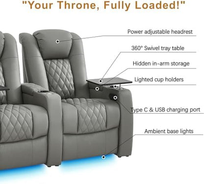 comfiroom Top-Grain Leather Home Theater Seating, Dual-Motor Power Recliner