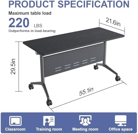 Folding Conference Table, Conference Room Tables with Wheels Foldable Large Rectangle Meeting Seminar Table for 6-12 People, Flip Top Mobile Training Table for Office Classr (4, Black 5, 55.1in)