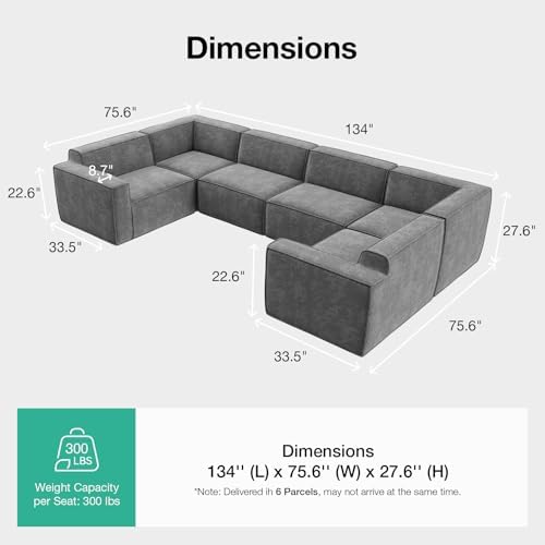 Novilla 134" Modular Sectional Sofa, No Assembly Cloud Sectional Couch with Smarts Coil® Support, Chenille Fabric U Shape Sectional Sofa, Boneless Couch for Living Room Apartment, Dark Gray (6 Seat)