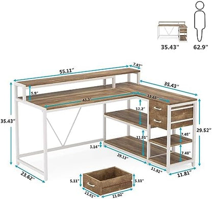 Tribesigns L Shaped Desk with Drawers and Monitor Stand, L Corner Desk with Storage Shelves, Beige Wooden PC Table for Samll Home Office