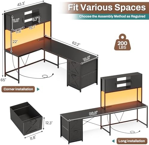 SEDETA Reversible L Shaped Corner Gaming Desk with Drawers, Led Lights