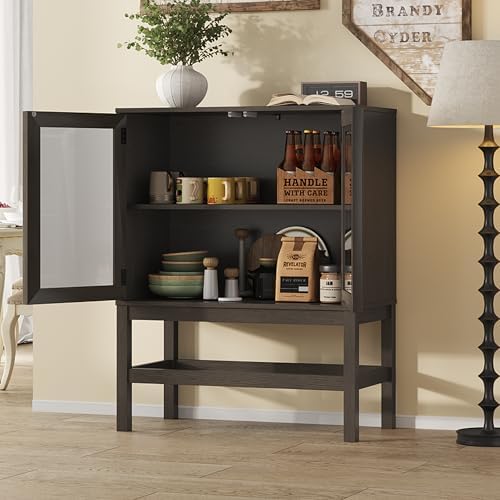 Sideboard Buffet Cabinet with Storage Set of 2, Small Kitchen Coffee Wine Bar Cabinet with Glass Doors, Wood Mid Century Modern Side Board for Living Room, Dark Brown