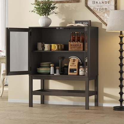 Sideboard Buffet Cabinet with Storage Set of 2, Small Kitchen Coffee Wine Bar Cabinet with Glass Doors, Wood Mid Century Modern Side Board for Living Room, Dark Brown