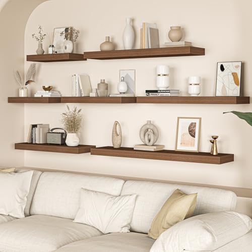 40 Inch Floating Shelves, 12 Inch Deep Wall Shelves, 40 x 12 Floating Shelf Set of 2, Walnut Wood Floating Shelf Wall Mounted, Large Kitchen Living Room Bedroom Bathroom Storage Shelves