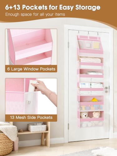 2 Pack Over the Door Organizer, 6-Shelf Closet Hanging Storage with 13 Mesh Pockets, 55lbs Capacity Behind the Door Storage for Baby Nursery, Bathroom, Bedroom, and Dorm, Pink