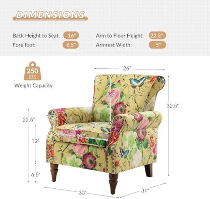 HULALA HOME Traditional Floral Accent Chairs with Wood Legs, Mustard