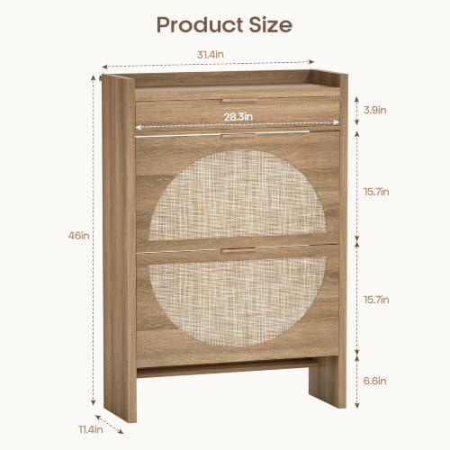 Quikraen Rattan Shoe Cabinet with 3 Drawers (2 Flip + 1 Slide), 31.5" Wide Wooden Shoe Storage Organizer for Entryway, Farmhouse Boho Tall Shoe Rack Cabinet with Anti-Tip Safety, Brown