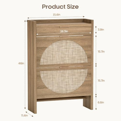 Quikraen Rattan Shoe Cabinet with 3 Drawers (2 Flip + 1 Slide), 31.5" Wide Wooden Shoe Storage Organizer for Entryway, Farmhouse Boho Tall Shoe Rack Cabinet with Anti-Tip Safety, Brown