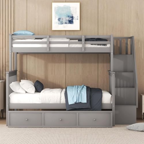 MERITLINE Twin Over Full Convertible Bunk Bed with Storage Stairs and Drawers,Solid Wood Detachable Bunk Bed with Storage Shelves for Adults,No Box Spring Needed (Grey)