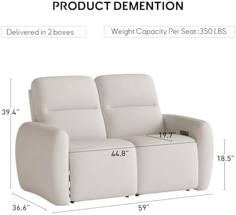 Bonzy Home Power Recliner Loveseat Sofa, Overstuffed Reclining Couch with USB and Type-c Charge Ports, Recliner Love Seat Couches for Living Room, Home Theater, RV (Beige, Fabric)