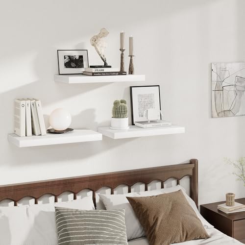 24 x 12 Inch Deep Floating Shelves, 12 Inch Deep Rustic Wooden Book Shelf, Extra Deeper & Thicker Hanging Shelves for Living Room, Bathroom, Bedroom, Kitchen, Office, Set of 3 (White)