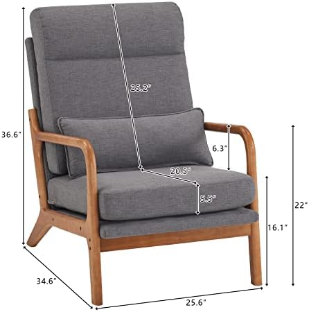 Accent Chair with Cushion, Mid-Century Modern Upholstered Single Reading Armchair High Back Sofa with Linen Fabric + Solid Wood Frame for Living Room, Bedroom, Lounge, Balcony (Grey)
