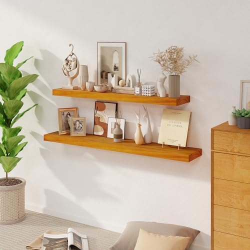 Floating Shelves, 9.3 Inch Deep Solid Pine Wood Wall Shelves for Storage, Rustic Wall Mounted Display Shelf with Invisible Heavy-Duty Metal Bracket, 55 Inch Width, Honey Oak