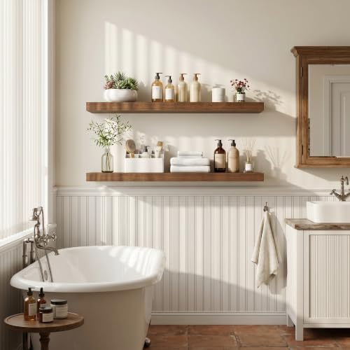 55 Inch Long Floating Shelves for Wall, 8" Deep Floating Shelves for Bathroom Living Room Bedroom, Rustic Wall Mounted Shelf with Invisible Heavy-Duty Bracket, Set of 2, Walnut