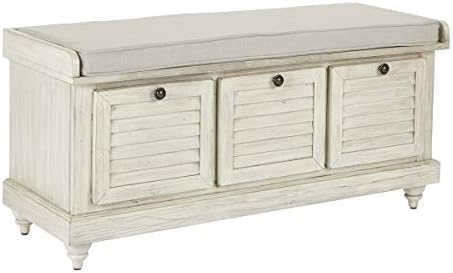 OSP Home Furnishings Dover Coastal Lift-Top Storage Bench with Shutter Face Styling, White Wash Finish with Off-White Fabric Cushion