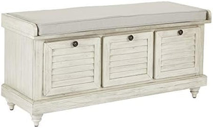OSP Home Furnishings Dover Coastal Lift-Top Storage Bench with Shutter Face Styling, White Wash Finish with Off-White Fabric Cushion