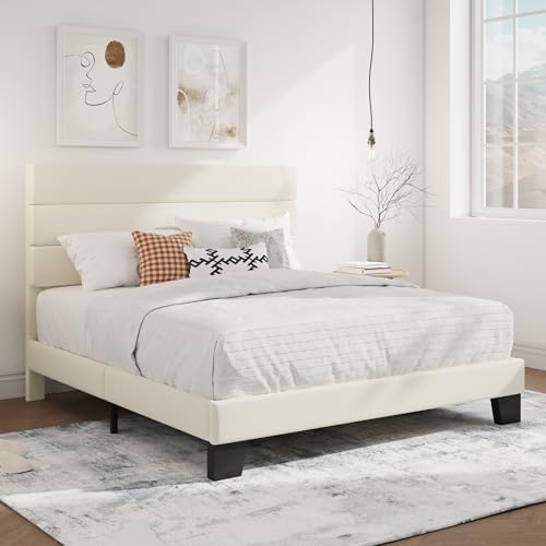 SHA CERLIN Full Platform Bed Frame with Upholstered Velvet Headboard, Cream