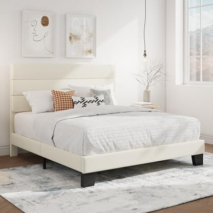 SHA CERLIN Full Platform Bed Frame with Upholstered Velvet Headboard, Cream