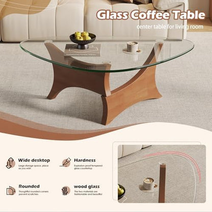 Modern Glass Coffee Table for Living Room, Mid Century Modern Triangle Coffee Table with Tempered Glass Top & Solid Wood Base, Small Center Table for Apartment（Walnut/Transparent，Large）