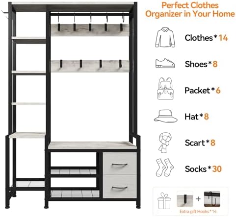 Hall Tree for Entryway 43", Bench with Shoe Storage, Large Coat Rack Shoe Bench with 5 Tier Shelves, 5 in 1 Design Front Door Shoe Rack and Wall Rack Hooks, and 2 Drawers (Rustic White)