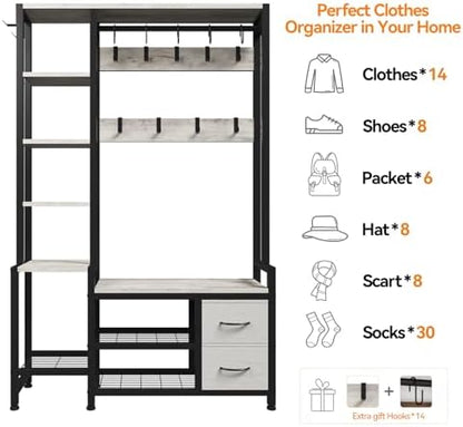 Hall Tree for Entryway 43", Bench with Shoe Storage, Large Coat Rack Shoe Bench with 5 Tier Shelves, 5 in 1 Design Front Door Shoe Rack and Wall Rack Hooks, and 2 Drawers (Rustic White)