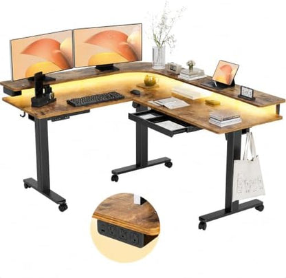Claiks L Shaped Standing Desk with Drawers, 63 Inch, Rustic Brown