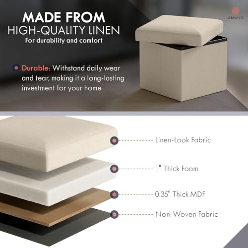 Ornavo Home Small Square Storage Ottoman, Foldable Linen, 12x12x12, Beige
